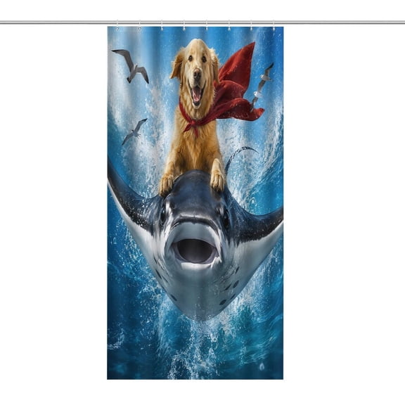 Golden Retriever Riding Manta Ray Shower Curtain, Novelty Bathroom Curtain with Hooks, Waterproof & Opaque Privacy Polyester Fabric for Modern Home Decor 36×70.8Inch