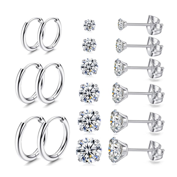 Nmkwnr 9 Pairs Round Cubic Zirconia Stud Earrings Lightweight 316L Stainless Steel Hoop Earrings Set for Women
