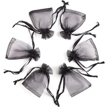 Pandahall 100pcs Black Organza Bags Mini Pouch Bags Drawstring Gift Bags Jewelry Package with Ribbons (1.96x2.75")(5x7cm)