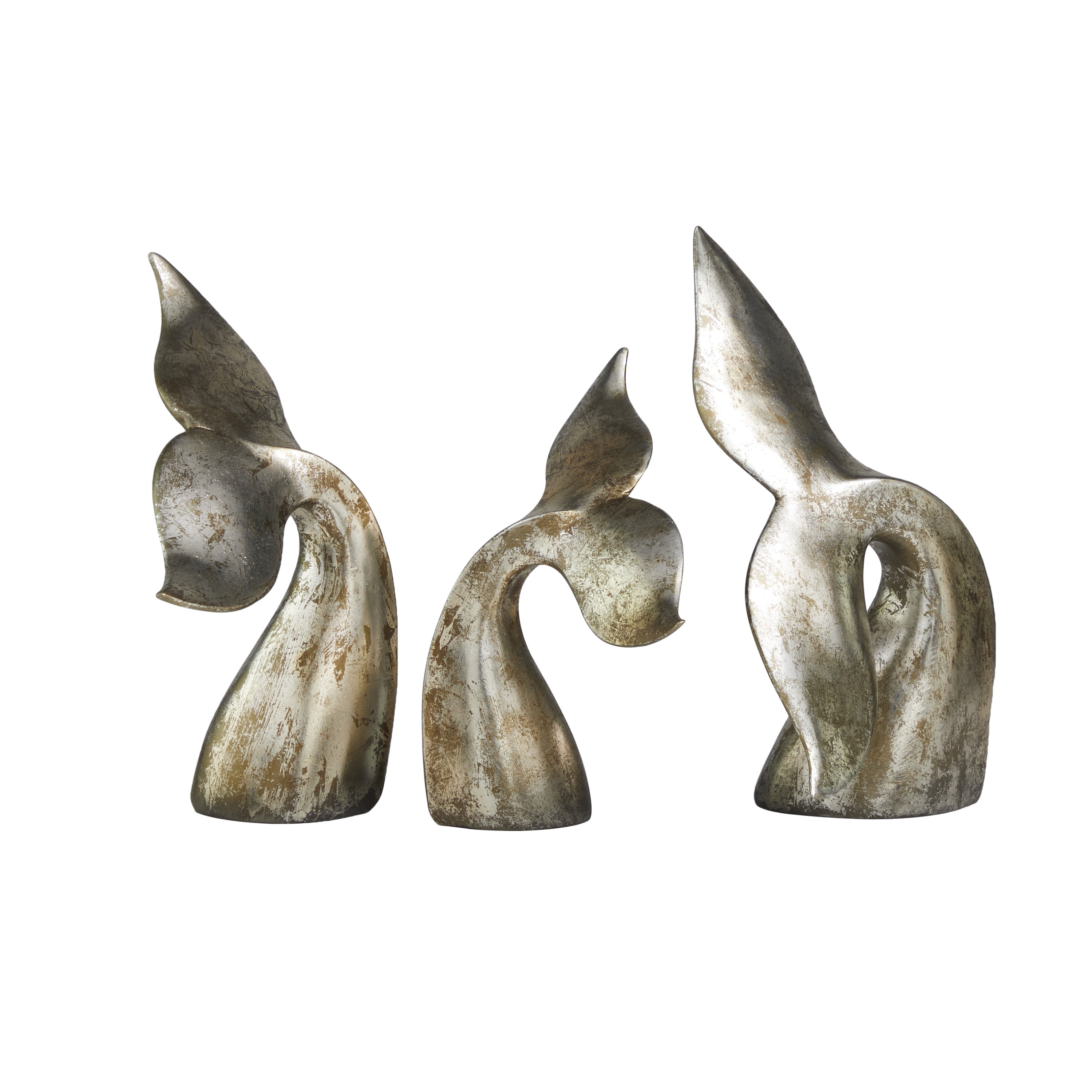 12, 9, 11"H Silver Polystone Whale Sculpture with Various Sized Tails and Copper Distressing, by DecMode (3 Count)