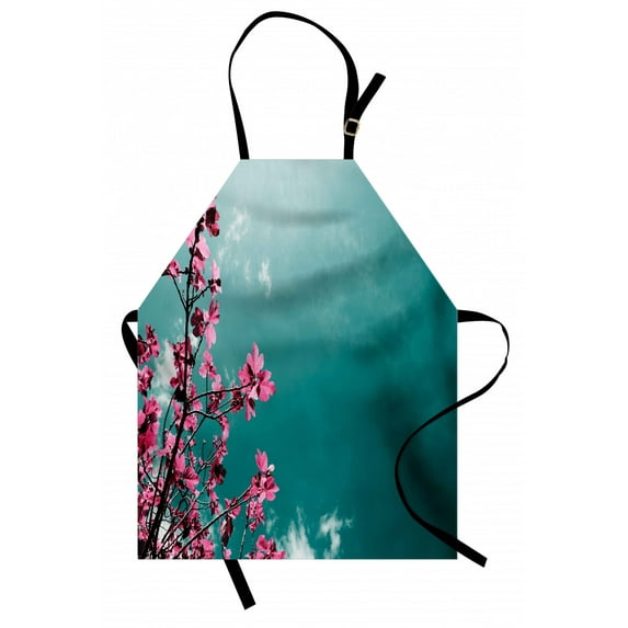 Floral Apron Fig Tree Florets with Sunny Sky Exotic Summer Spring Plants Scenic Nature View, Unisex Kitchen Bib Apron with Adjustable Neck for Cooking Baking Gardening, Teal Hot Pink, by Ambesonne