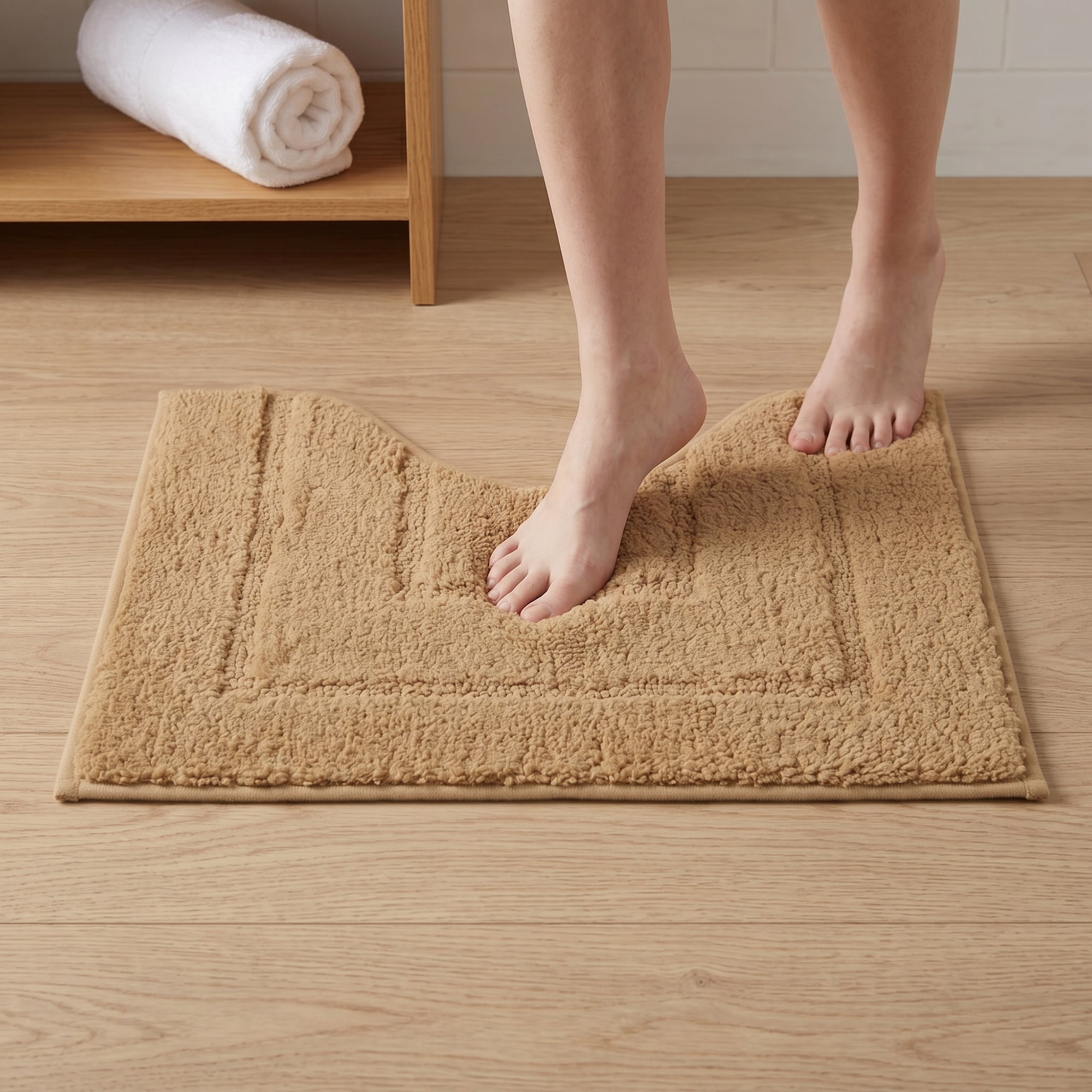 Unique Bargains U-Shaped Absorbent Non Slip Machine Washable Bath Mat Khaki 20" x 16"