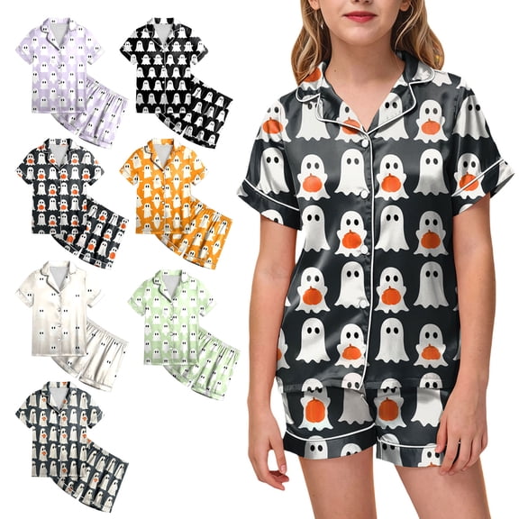Pandaie 2 Piece Little Girls Full Ghost Print Short Sleeve Pajamas Set Halloween Kid Sleepwear Outfits Black,2-3 Years