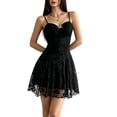 thumbnail image 2 of Women's Mini Dress Floral Spaghetti Strap Mesh Short Dresses Going Out Sundress Black XS, 2 of 10