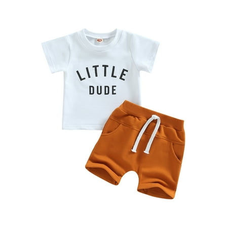 

Toddler Baby Boy Summer Clothes Short Set Short Sleeve Letter Print Stripes T-Shirt with Elastic Waist Shorts Outfit