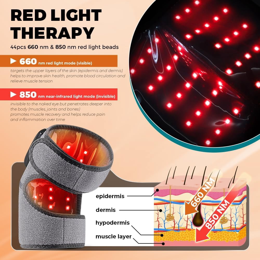 Wearable Heated Wrap with Dual-Wavelength LEDs, Cordless Rechargeable Support Brace for Knee, Elbow, and Shoulder, with Adjustable Temperature and Timed Sessions