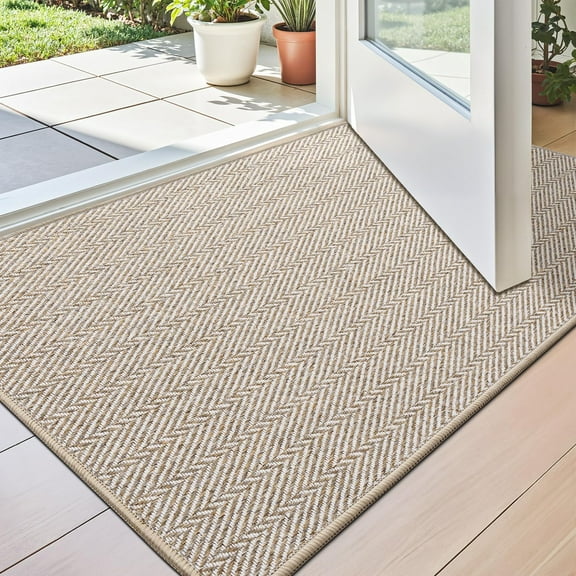 Ultra Thin Indoor Door Mat for Entrance 17"x30", Non Slip Entryway Mat, Low Profile Doormat, Unique Herringbone Design Carpet for Inside, Patio, Porch, Beige