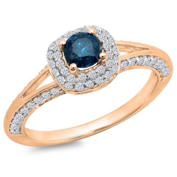 0.90 Carat (ctw) 14K Rose Gold Round Cut Blue & White Diamond Ladies Bridal Split Shank Halo Style Engagement Ring