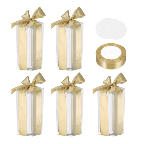 Uxcell 5 Pcs Clear Gift Boxes, 50x50x120mm Clear Boxes for Favors with Gold Ribbon Blank Tag, Plastic Gift Box for Wedding, Party Favors, Candy Boxes, Home Birthday Decor