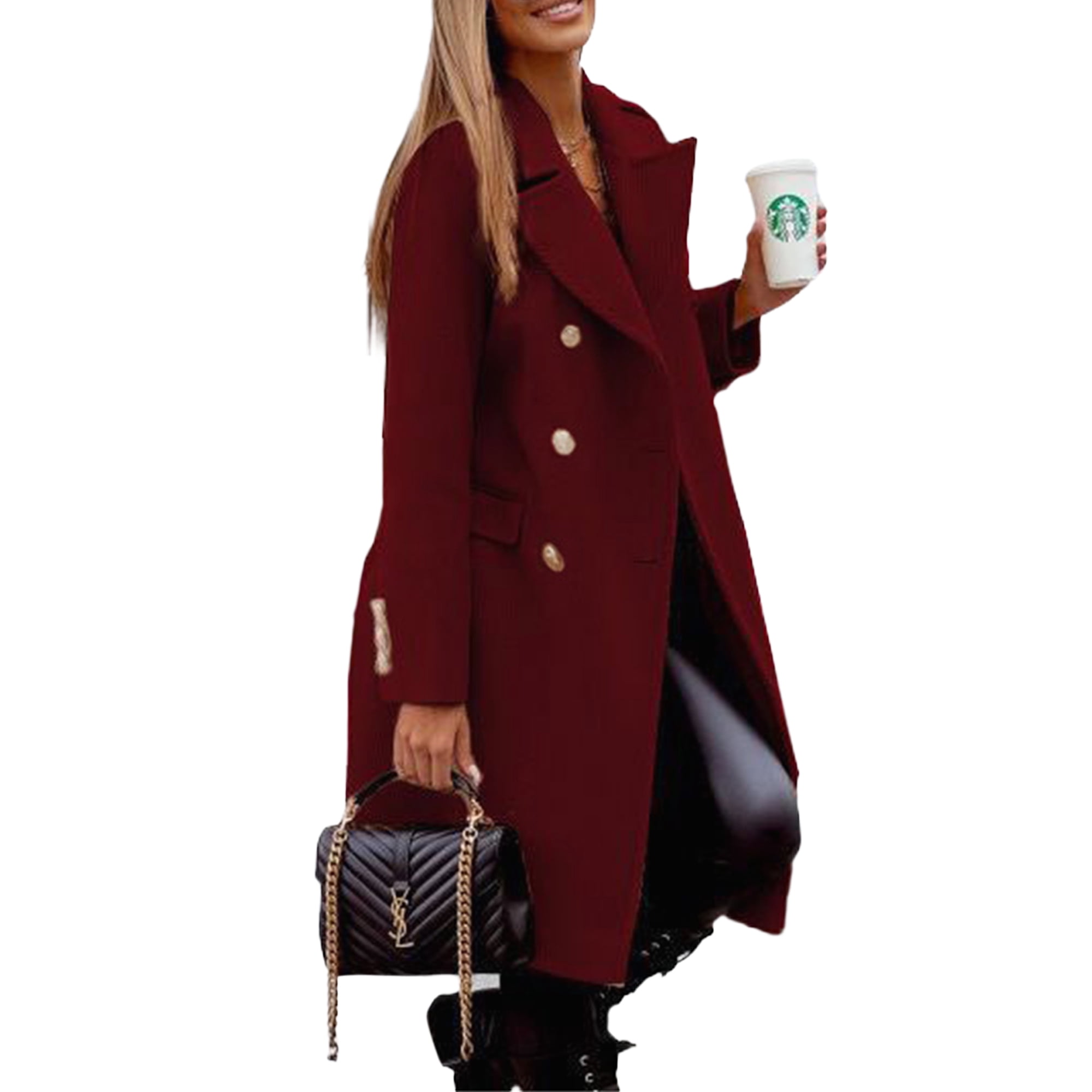 Bellella Ladies Wool Pea Coat Solid Color Trench Coats Double Breasted Overcoats Warm Long Sleeve Cardigans Winter Outwear Wine Red M Walmart