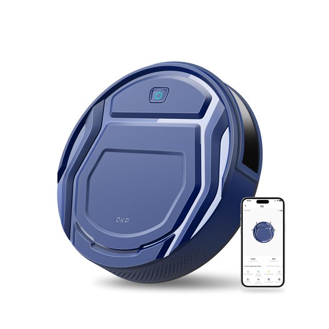 robot aspirador okp life k2 1800 mah, color azul; vista frontal-3/4 centrada de cuerpo circular y bajo con tapa geométrica mate azul y logo OKP, botón de encendido en la parte superior. Se muestra un teléfono con la app OKP para cambiar 4 modos de limpieza: automático, localizado, seguimiento de pared y manual. Autonomía indicada hasta 100 minutos en modo bajo; también suele usarse para mantenimiento rápido de áreas pequeñas.