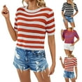 thumbnail image 4 of Lovskoo 2024 Women's Striped Knitted Shirt Beachwear Casual Short Sleeve Soft Lightweight Crewneck Crochet Tops Hollow Out Sweater Orange M, 4 of 4