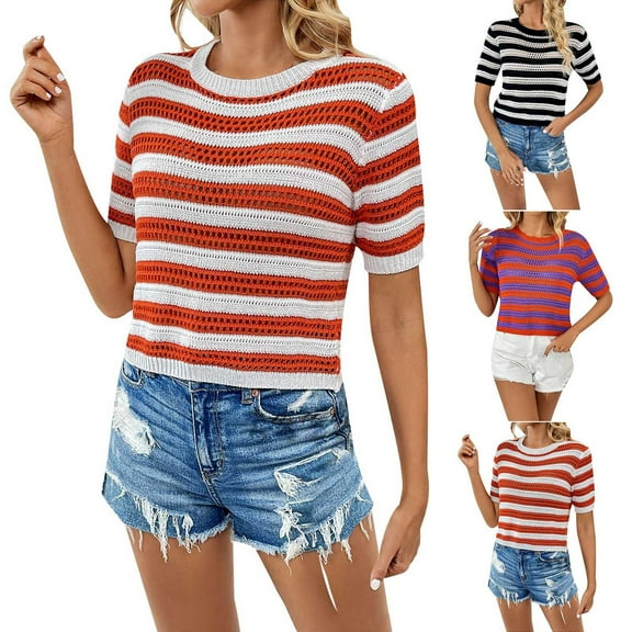 Wlynlyn Sweaters for Women Short Sleeve Tops Hollow out Knit Pullover Tops Colorblock Cropped Tops