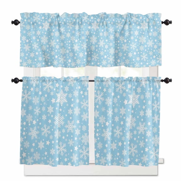 Christmas Snowflakes Kitchen Curtains and Valances Set, Blue Snowflakes Romantic Winter Rod Pocket Window Valance 18 Inch Window Curtain Panels for Living Room Bedroom Laundry, 27.5x24in, 3 Pieces