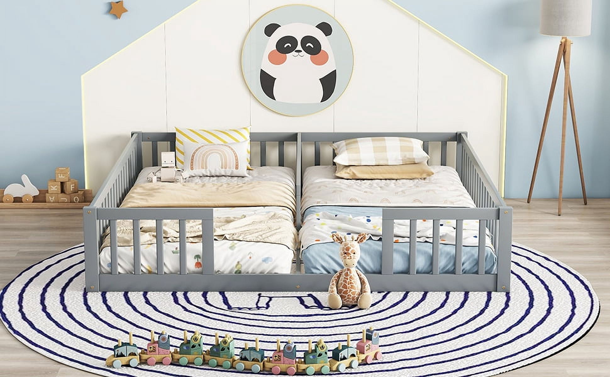 Double Twin Floor Bed with Fence, Guardrails, Without Door, Grey