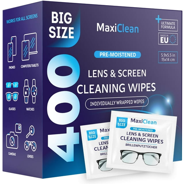 Toallitas limpiadoras de lentes Maxi Clean 400 envueltas individualmente