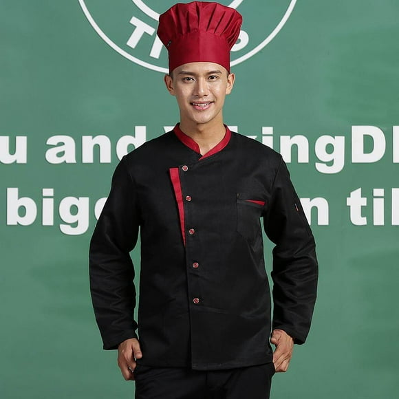 Long Sleeves Chef Jacket Coat waiter uniform clothes Sleeves Chef Jacket chef coat uniform hotel work Hotel Waiters Kitchen Uniform Tops Black 3XL