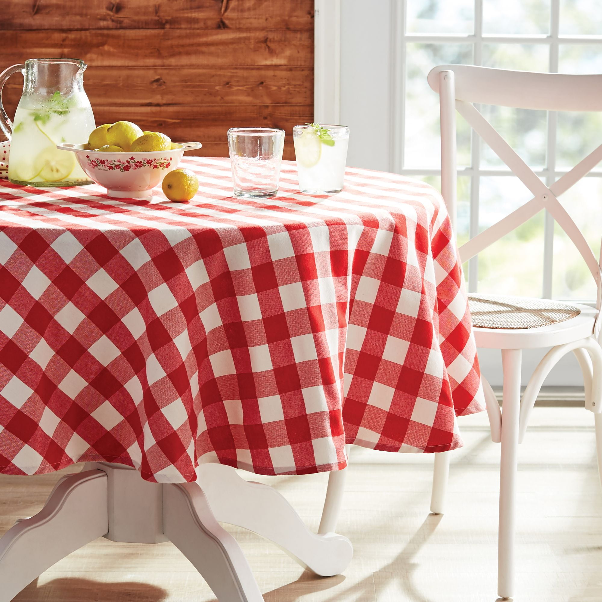 Pioneer Woman Charming Check Tablecloth, How Many Chairs Fit Around A 66 Inch Round Tablecloth