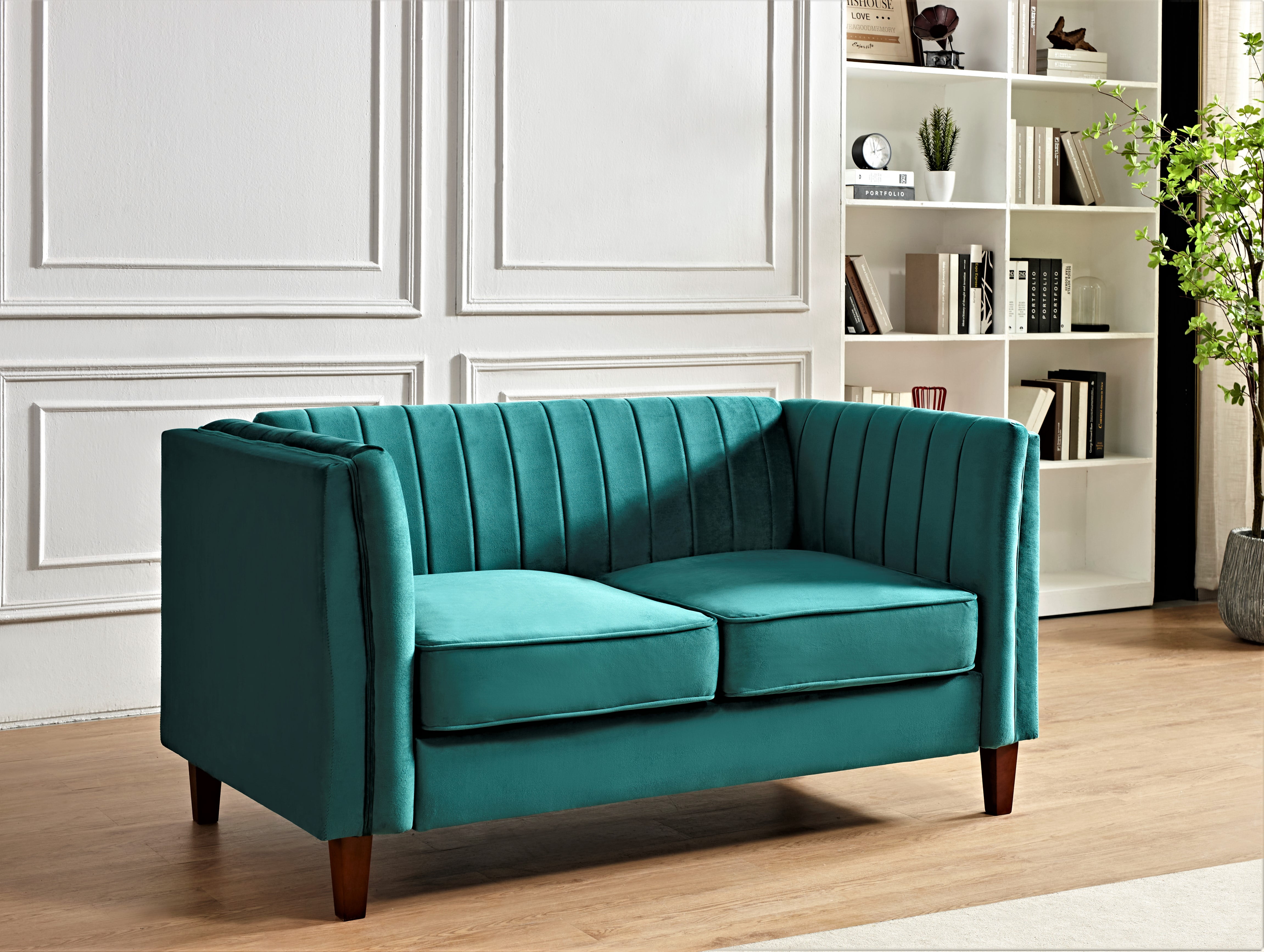 US Pride Furniture Plainfield Line Tufted Square Design Velvet Loveseat, Green