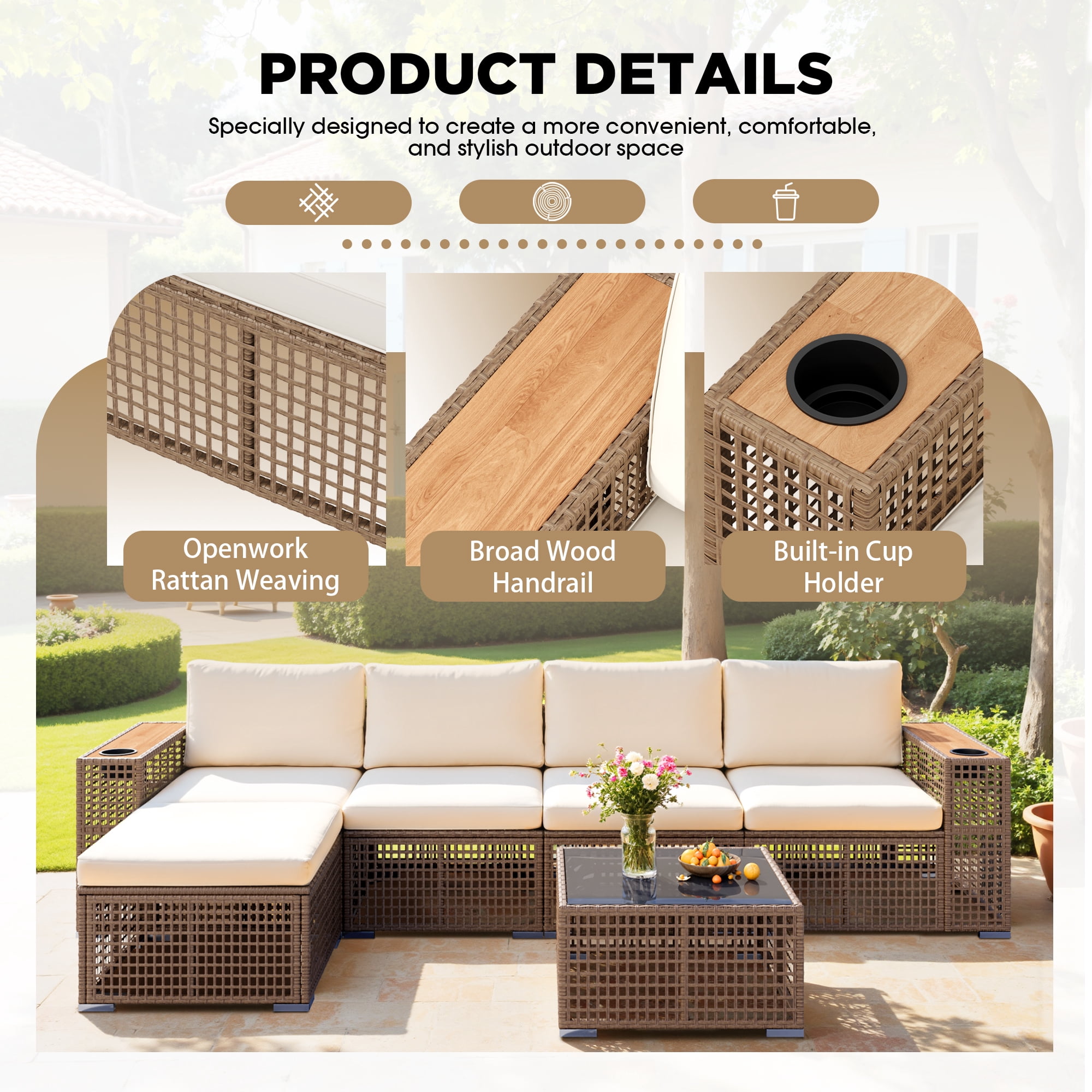 Homall 5-Seat Patio Furniture Set Outdoor Wicker Sectional Sofa with Cushions Modular with Wide Wood Armrests & Built-In Cup Holders, Beige