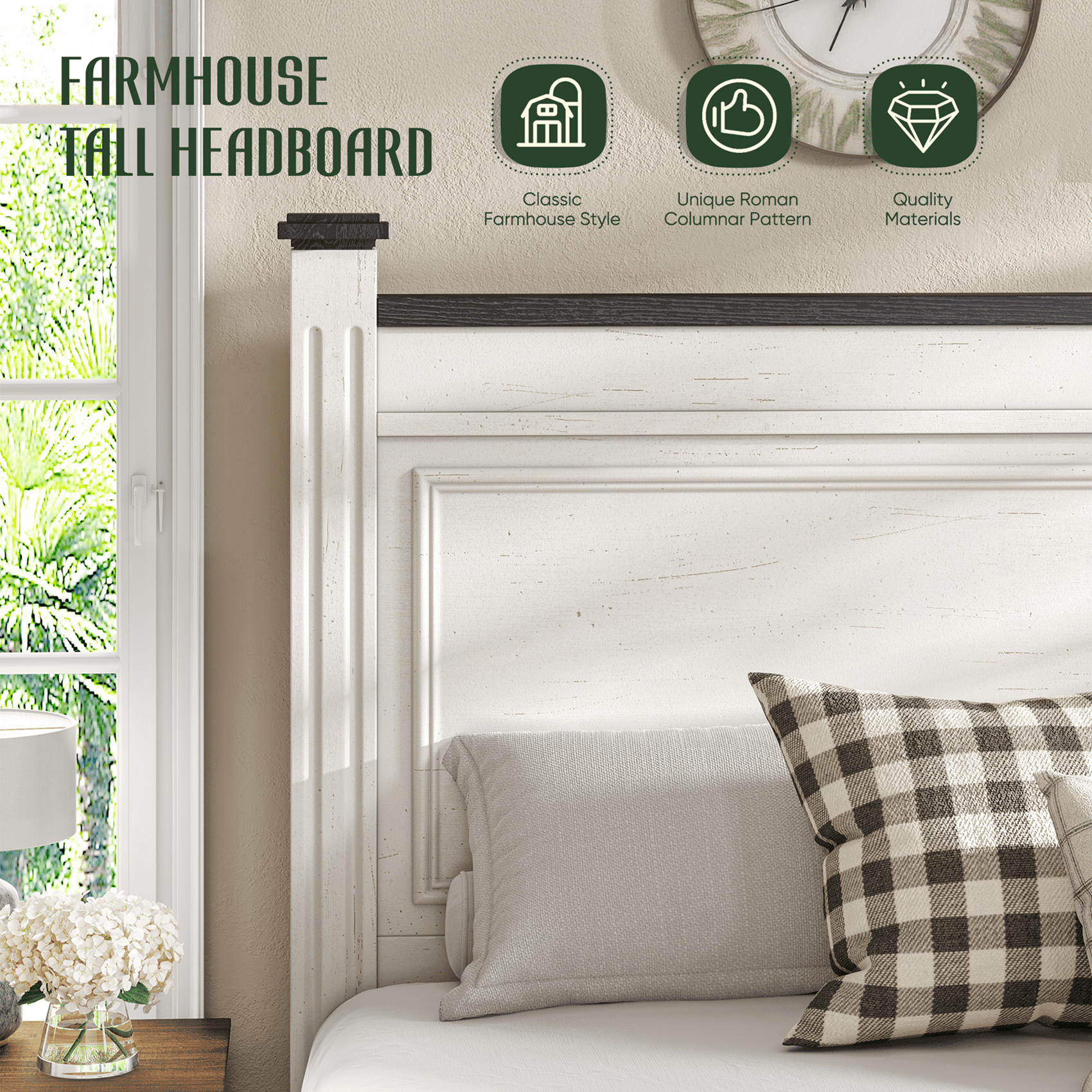King Size Bed Frame with 2 Storage Drawers Farmhouse  Wood Bed Frame with Storage &  Tall Headboard,White