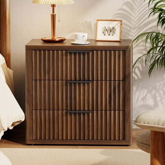 Fluted Nightstand with 3 Drawers 24" Wide Side Table Vintage Bedside Table Small Dresser Chest for Living Room, Walnut