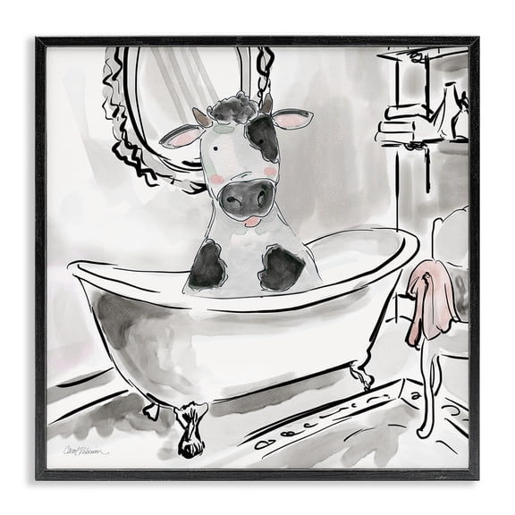 Stupell Industries Minimal Bathtub Cow Animals Painting Black Framed Art Print Wall Art, 12 x 12