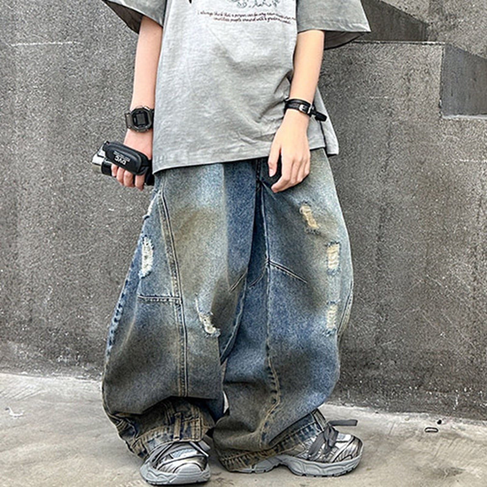 YOUSNH Girls Cool Ripped Pants Fashion Personality Wide Leg Jeans