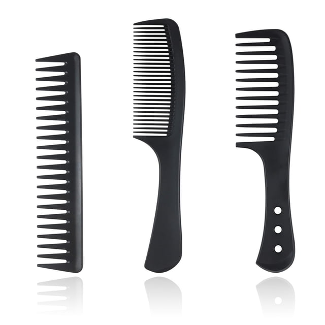 Peine de dientes anchos de fibra de carbono, peine negro con peine para peinar el cabello húmedo y seco