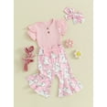 thumbnail image 3 of Bslissey Baby Girls Easter Long Pants Sets Short Sleeve Ribbed Romper + Bunny Print Flare Pants + Bow Headband 3M 6M 12M 18M Infant Toddler Cute Summer 3Pcs Outfits, 3 of 9