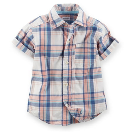 

Carters Baby Clothing Outfit Boys Short Sleeve Navy Pink Plaid Button-Front Shirt