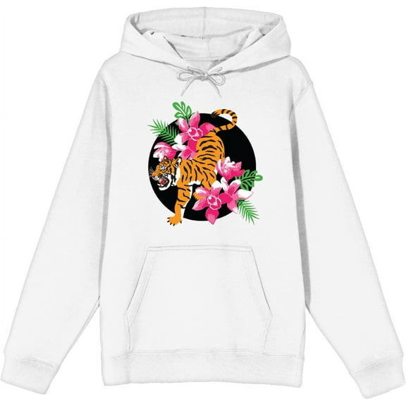 Natural World Tiger & Flowers White Adult Long Sleeve Hoodie-XL