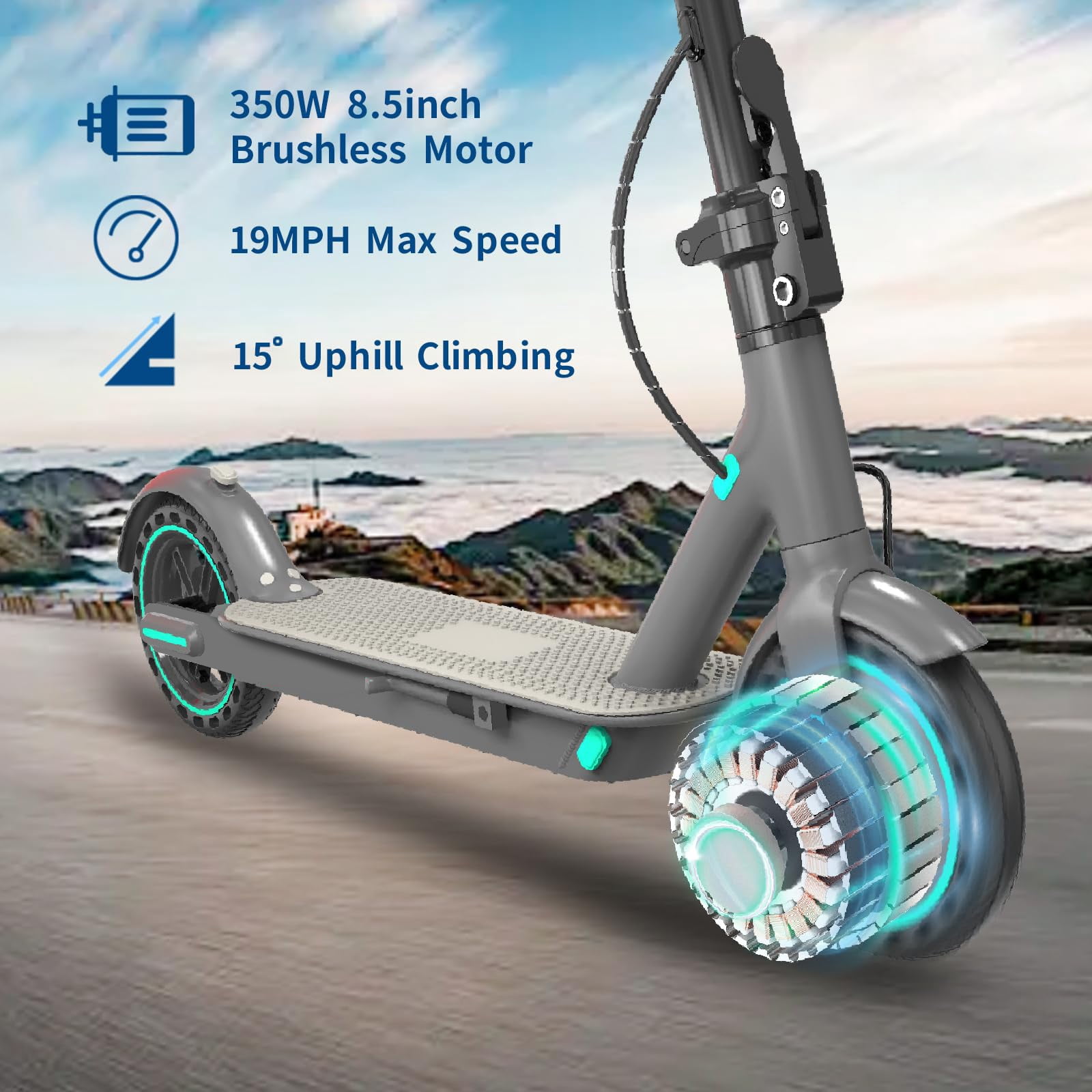 HiQiS Electric Scooter for Adult Teens, 350W Motor & Top 19 MPH, 15 Miles Long Range, 8.5" Solid Tires Lightweight E-Scooter for Commuter Blue