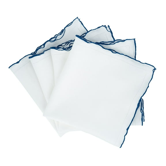 Linen Napkins With Navy Scalloped Hemstitch Edges, Set of 4