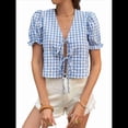 thumbnail image 1 of Blusa de Verano con Cuello en V, Mangas Abullonadas y Puños Elásticos para Mujer. Azul L, 1 of 10