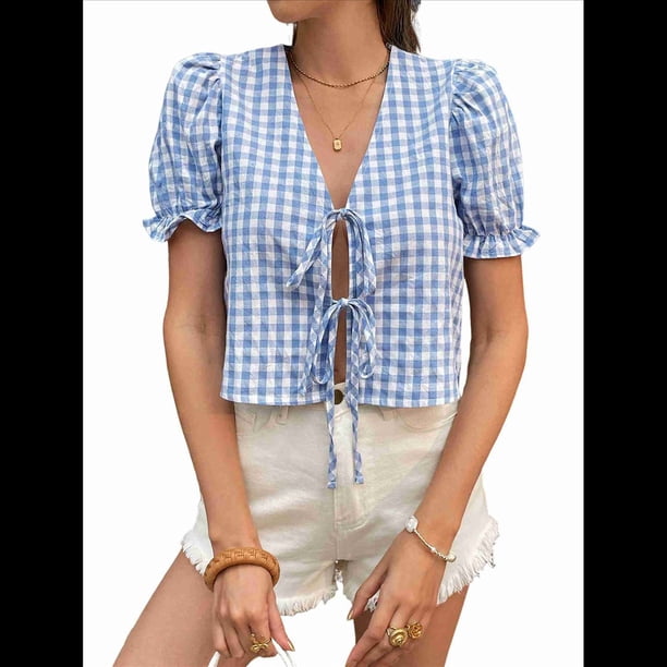Blusa de Verano con Cuello en V, Mangas Abullonadas y Puños Elásticos para Mujer. Azul XL