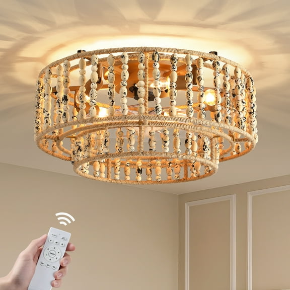 HOOMEDELIER 20" Indoor Boho Farmhouse Wood Beads Ceiling Fan with Lights and Remote Control, Flush Mount Ceiling Fan