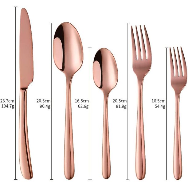 ¡Juego de cubiertos, vajilla de acero inoxidable, cuchillo para cenar, tenedor para cenar, tenedor para postre, cuchara para cenar, cuchara para té, cubiertos! (Oro rosa, 5 piezas)