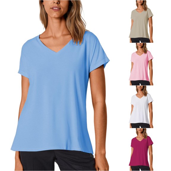 XIAONU Women's V Neck T Shirt Short Sleeve Hem Loose Fit Basic Top