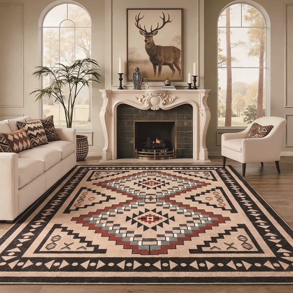 Kzaei 8'x10' Area Rug for Living Room, Washable Soft Rug with Non-Slip Backing, Large Floral Vintage Distress Print Pattern Carpet