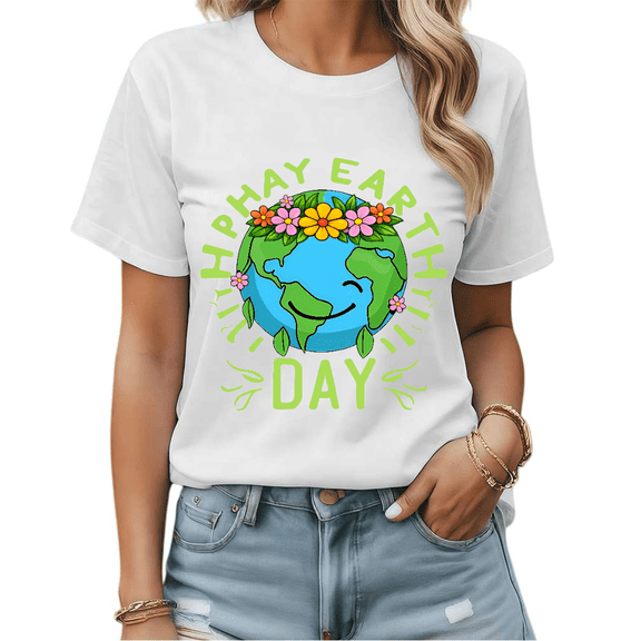 Happy Earth Day Heart Leaf Wreath Graphic Tees Womans Tshirt Shirts White/Black S-5XL Tops