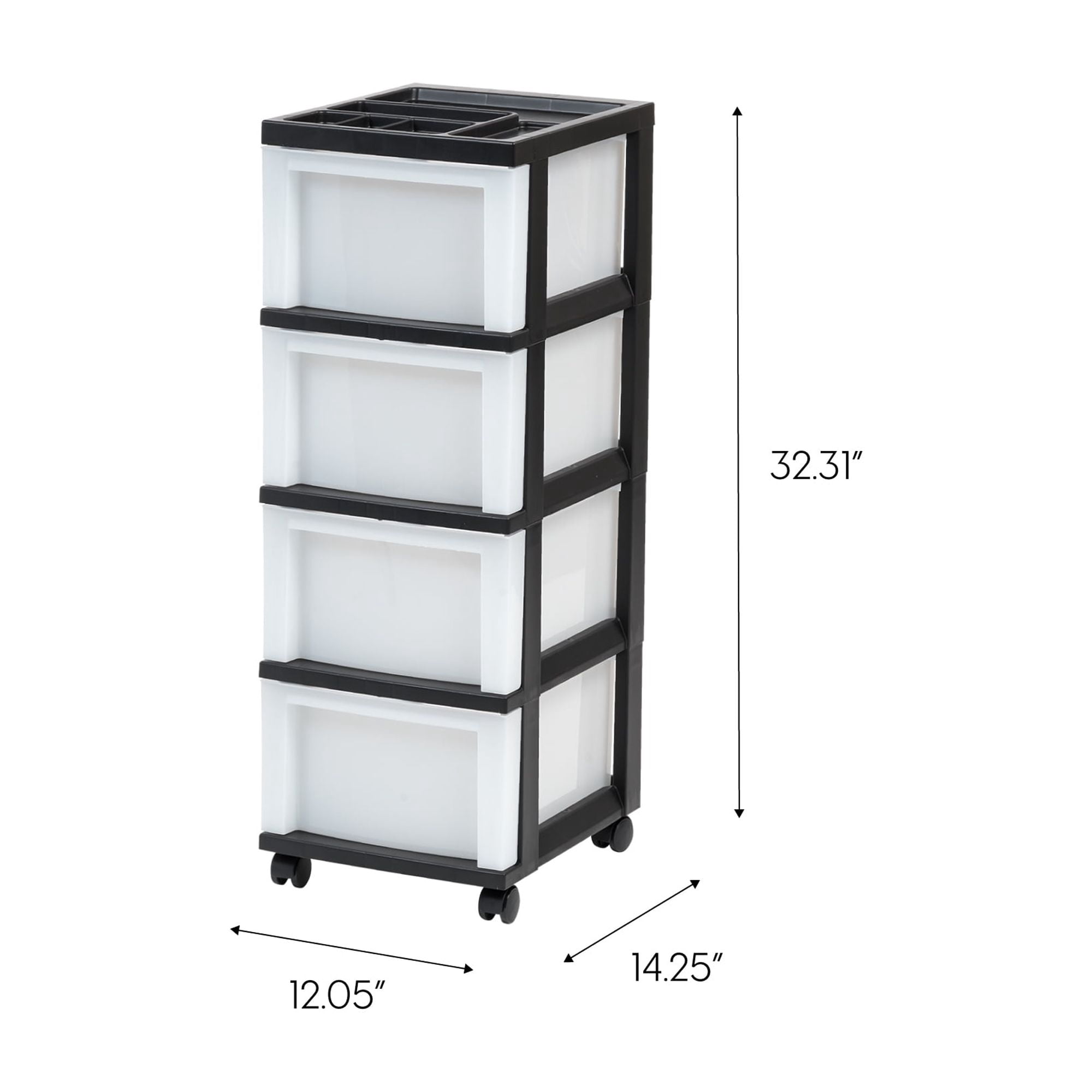 IRIS 4-Drawer Narrow Plastic Storage Drawer Cart with Organizer Top, Black
