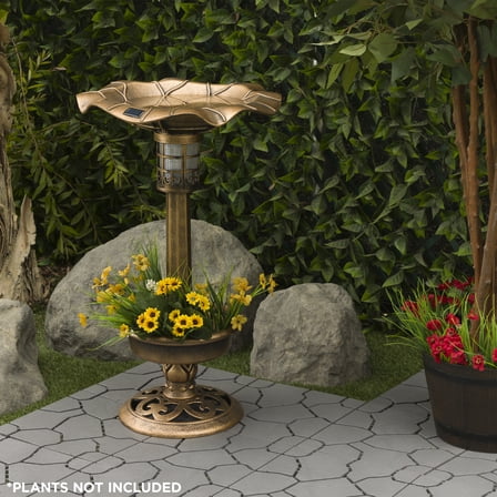 Alpine Corporation 17" x 29" Plastic Pedestal Birdbath with Planter and LED Light, Bronze
