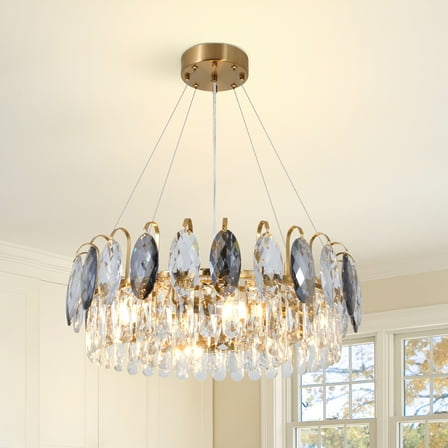 23.6" Modern Crystal Chandelier with 3-Tier Grey Glass Domes - Matte Gold Wrought Iron Frame & 39" Adjustable Steel Cord - E14 x6 Ceiling Light Fixture 39.4"H for Luxury Dining Room