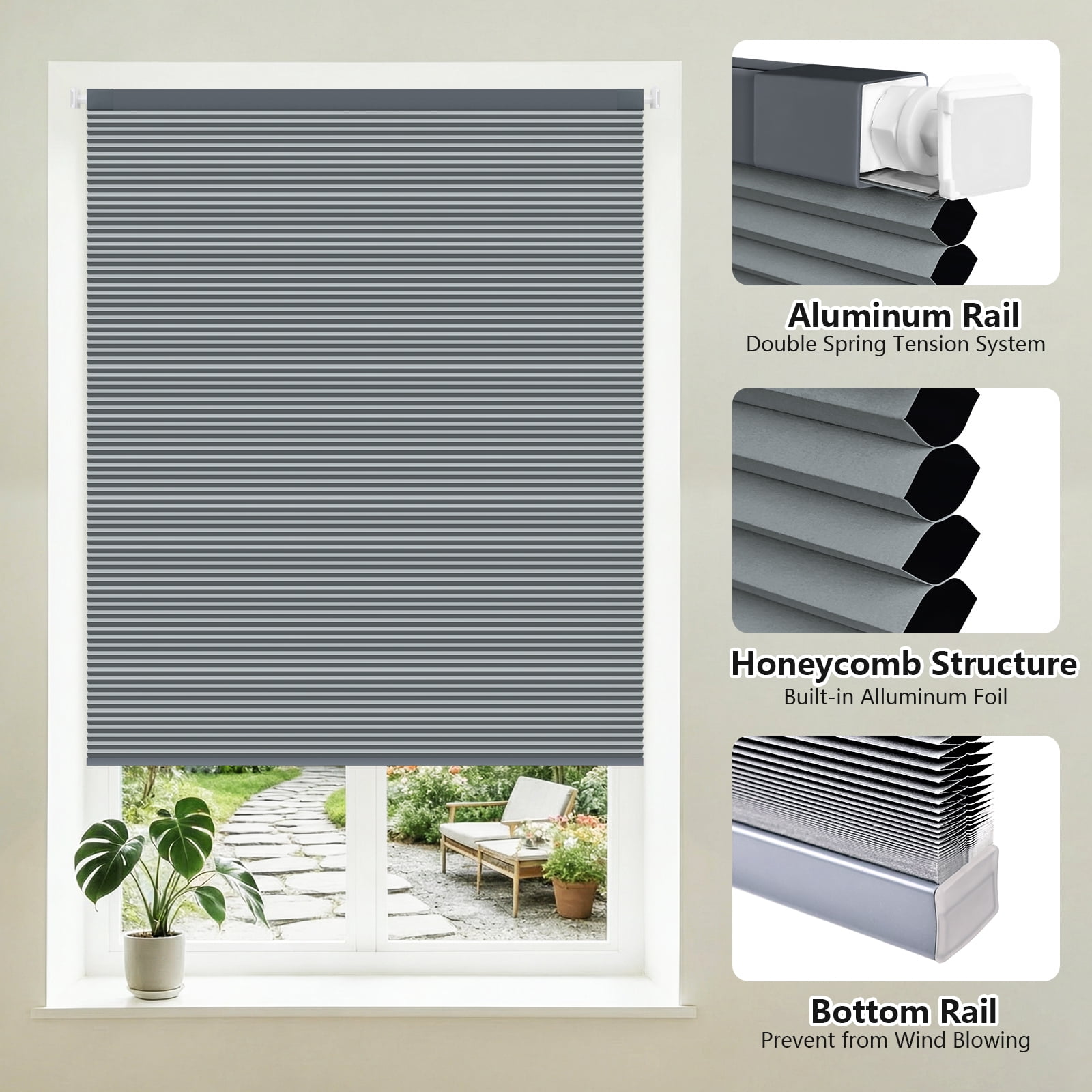 Shade&Beyond 34"x48" No Drill Cordless Blackout Cellular Shades, Thermal Insulated Noise Reducing Honeycomb Blinds for Indoor Windows, Dark Gray