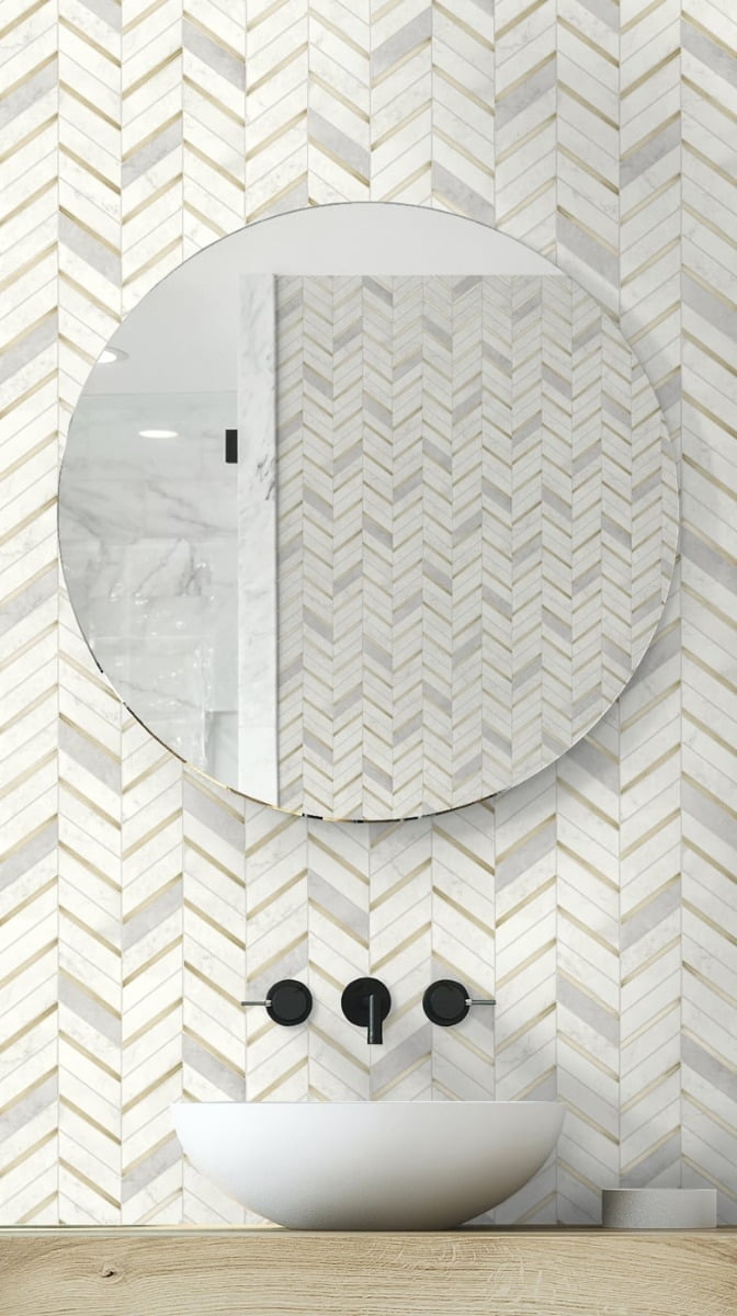 NextWall Metallic Gold & Pearl Gray Chevron Marble Tile Peel and Stick Wallpaper