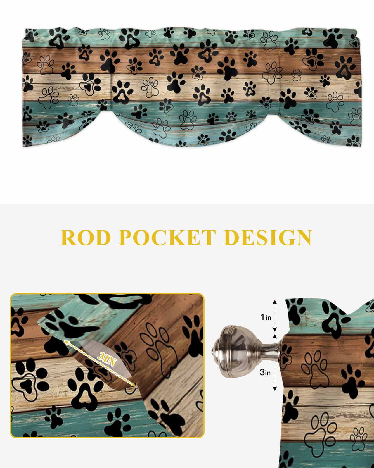 Dog Claws Tie Up Valances Curtain, Adjustable Kitchen Teal Brown Wood Grain Valances for Windows Decor, Rod Pocket Short Curtains Set for Bedroom/Bathroom, 54"x18"