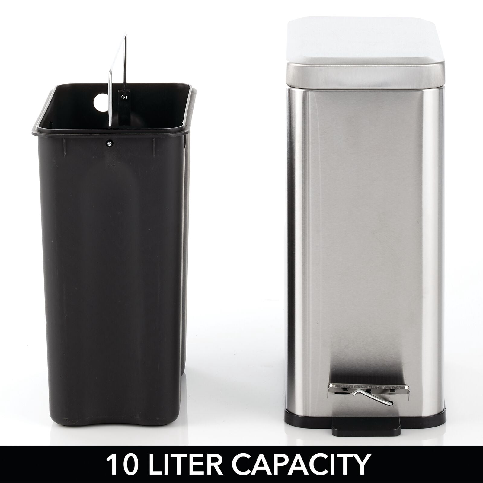 mDesign Slim Metal 2.6 Gallon Step Trash Can, Lid/Liner Bucket, Brushed Chrome