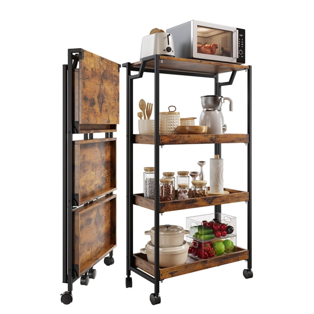 GloryStar Heavy Duty 4-Tier Folding Storage Rack, Wooden Cart with Locking Wheels, 100 lbs Capacity, No-Assembly Design