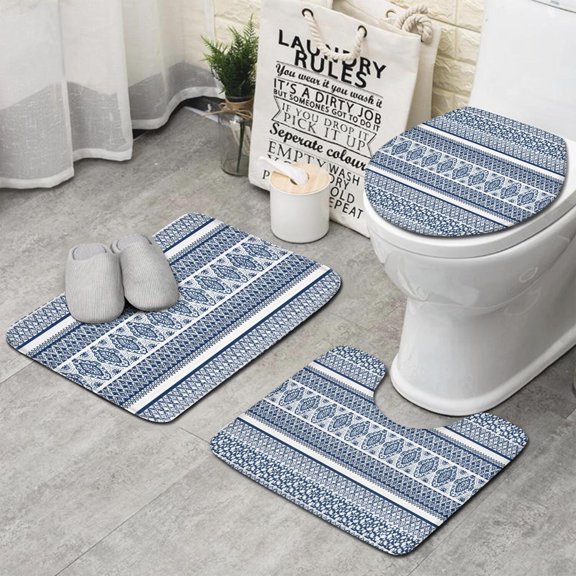 Blue and White Geometric Striped Pattern Bathroom Rugs Sets 3 Piece,Toilet Cover Set,Absorbent Non Slip Bathroom Mats Sets with U-Shaped Contour Rug Toilet Rug Set